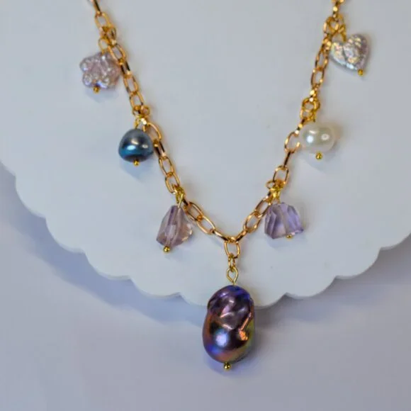 Pearl & Ametrine Charm Necklace - 16.5" to 18.5" - Picture 7 of 8
